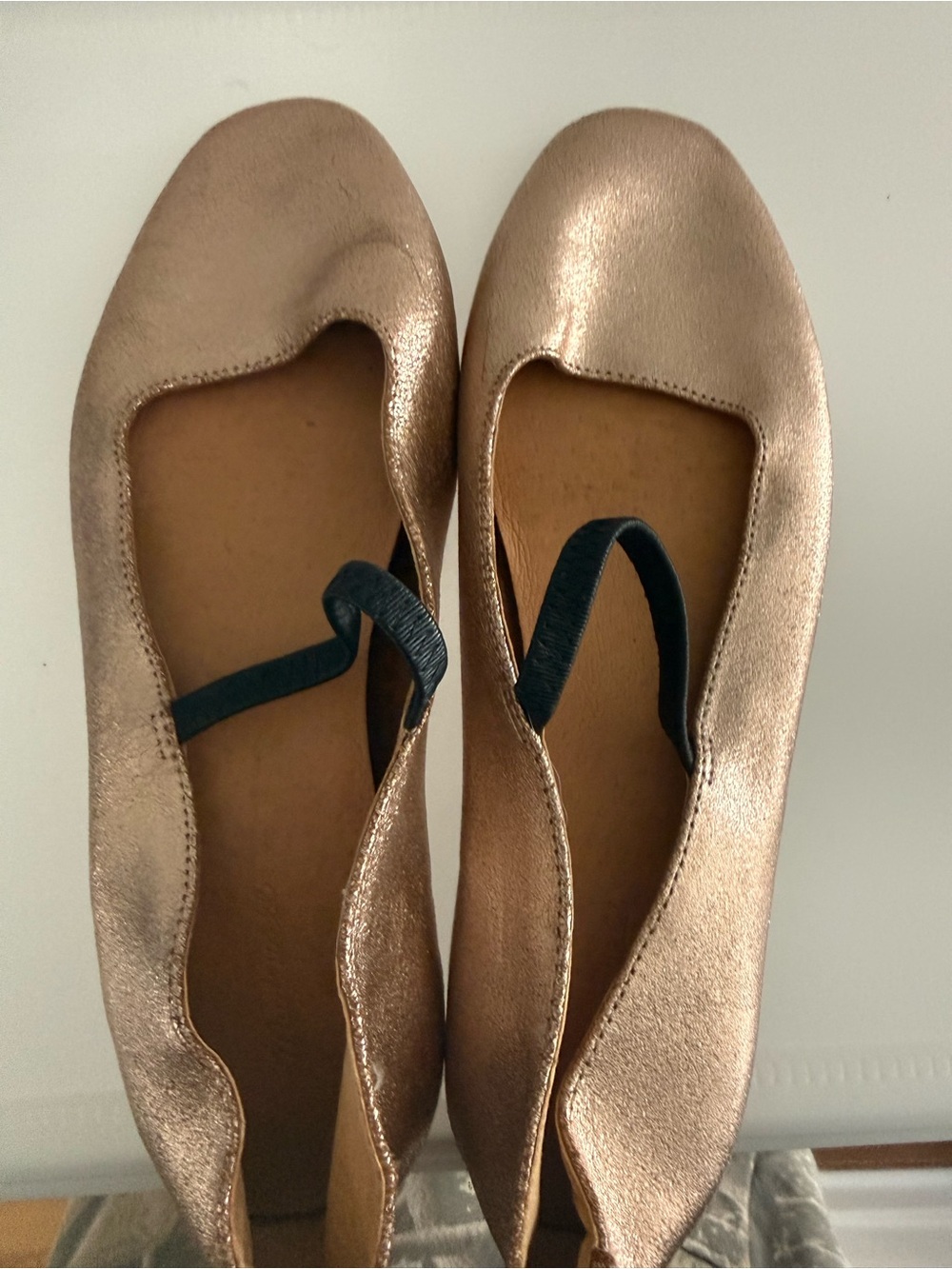 Madewell Metallic Rose Ballet Flats with Black Elastic Strap